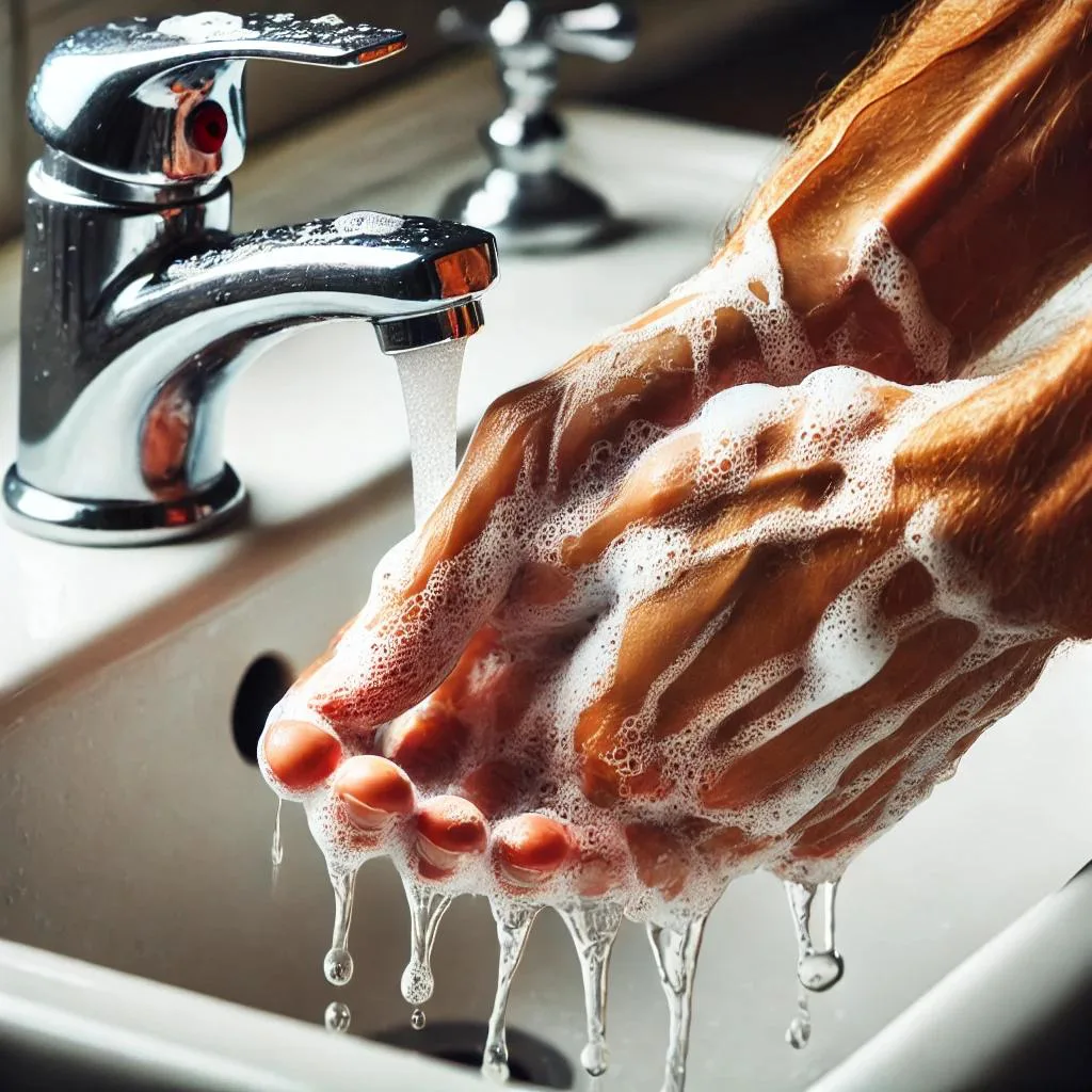 Hier ist das Bild von jemandem, der sich die Hände mit viel Seife unter fließendem Wasser wäscht.