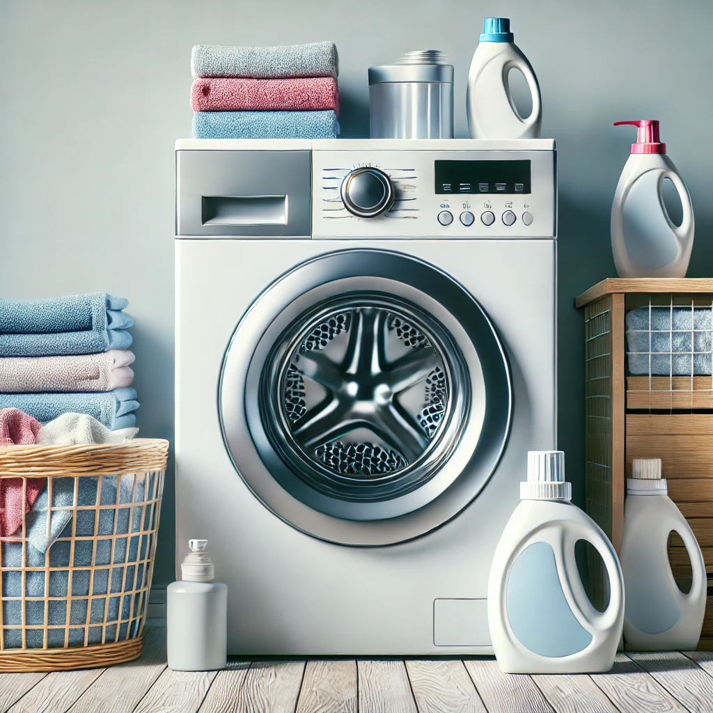 Hier ist das Bild einer Waschmaschine mit Zubehör in einer organisierten Waschküche